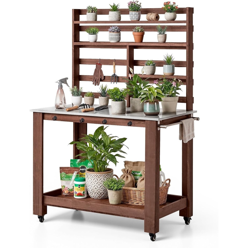 image:imageVEVOR Potting Bench Table Outdoor Gardening Wooden Workstation with Storage Cabinet Storage Shelves 43 x 18 in Wood Tabletop Garden Planting Work Station for Patio Backyard Balcony GrayDark Brown 5layer