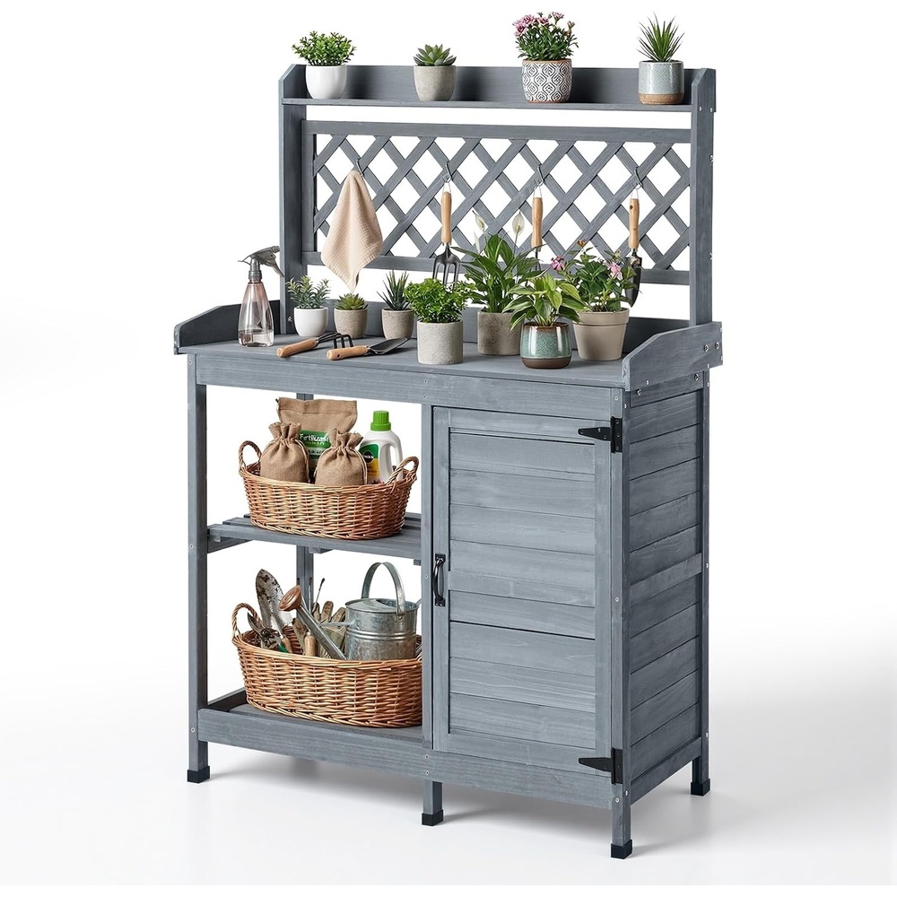 image:imageVEVOR Potting Bench Table Outdoor Gardening Wooden Workstation with Storage Cabinet Storage Shelves 43 x 18 in Wood Tabletop Garden Planting Work Station for Patio Backyard Balcony GrayGray 4layer