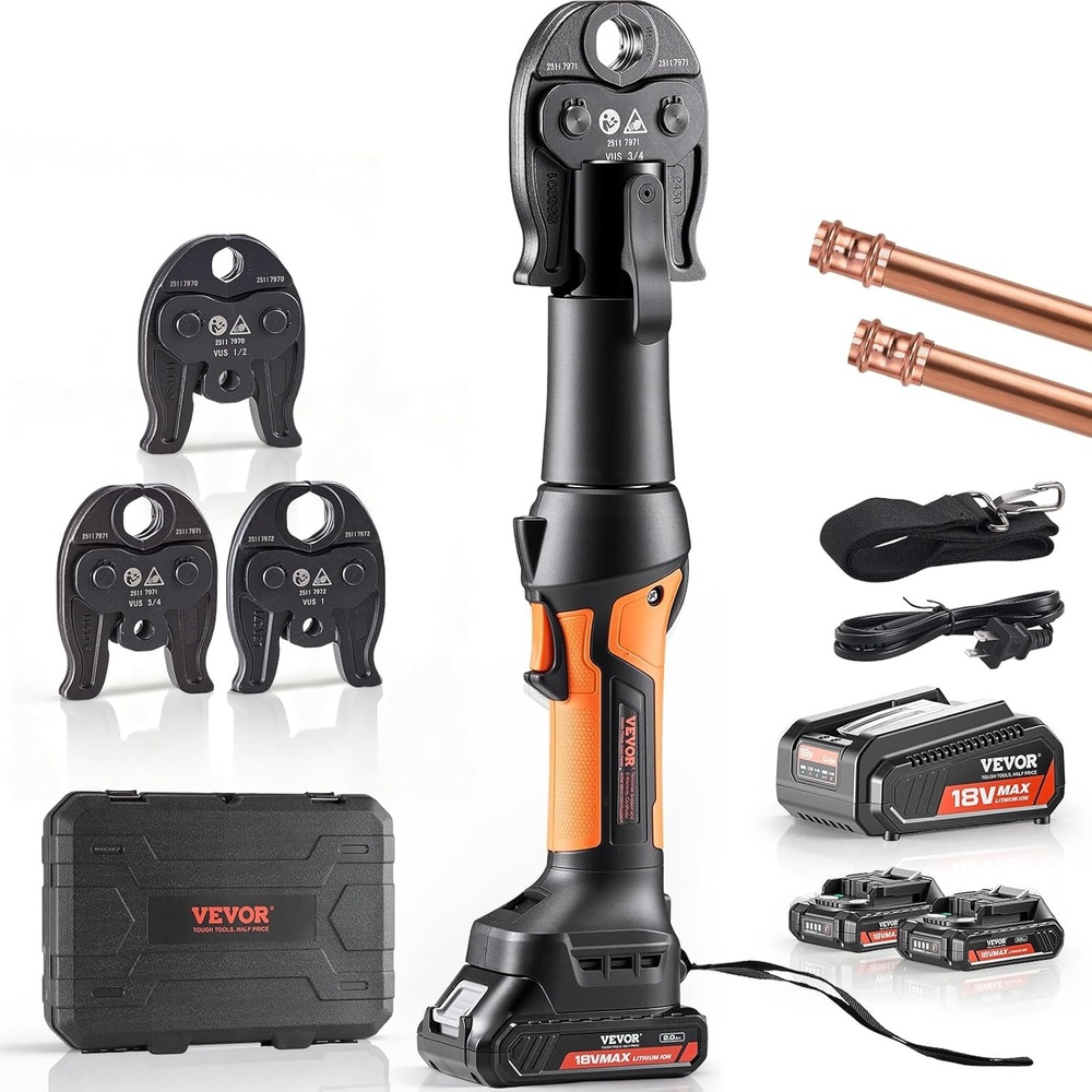 image:imageVEVOR Press Tool 18V Electric Pipe Crimping Tool for 12 34 1 Copper Pipes 24KN Press Tool Kit Compatible with ProPress  with 3 Press Jaws 2pcs 18V 2AH Battery Fast Charger amp Carrying CaseCompact Size