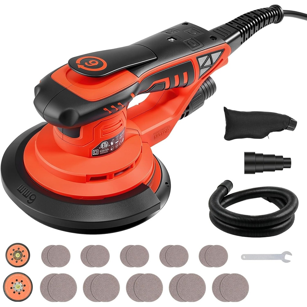 image:imageVEVOR Random Orbital Sander 6Inch 350W Brushless Orbital Sander 10000 PRM 6 Variable Speed Electric Palm Sander with 10PCS Sandpapers Dust Connector amp Hose for Woodworking Detailing SandingOrangered
