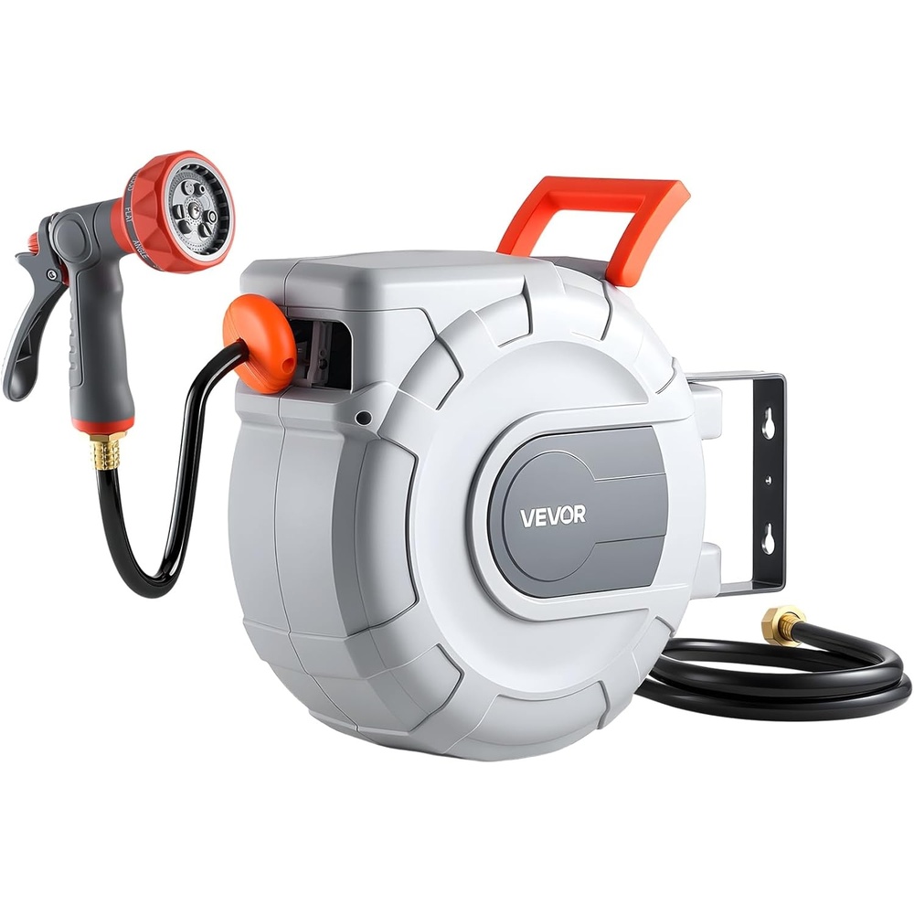 image:imageVEVOR Retractable Garden Hose Reel 12 Inch x 145 ft Wall Mounted Hose Reel Heavy Duty Garden Hose Reel with 9 Patterns Nozzle Any Length Lock Upgraded Slow Return System and 180Swivel Bracket  Heavy Duty Garden Tool with 9 Patterns Nozzle Any Length Lock Upgraded Slow Return System 180 Swivel Bracket amp PP Shell12 in x 50 ft