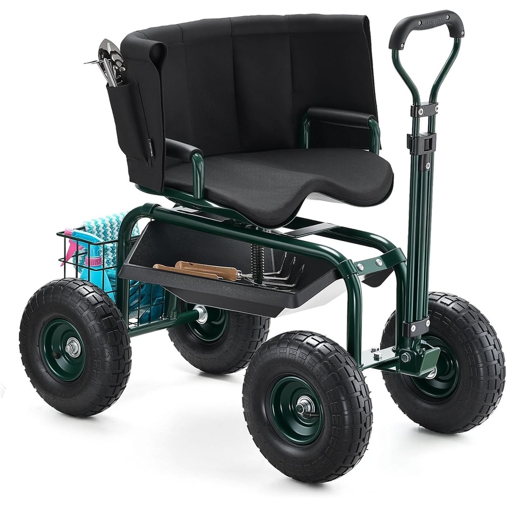image:imageVEVOR Rolling Garden Cart with Swivel Seat Heavy Duty Garden Seat with Storage Basket amp Tool Tray 300 lbs Weight Capacity Outdoor Utility Gardening Stool Scooter for Lawn Yard Planting WeedingDark Green