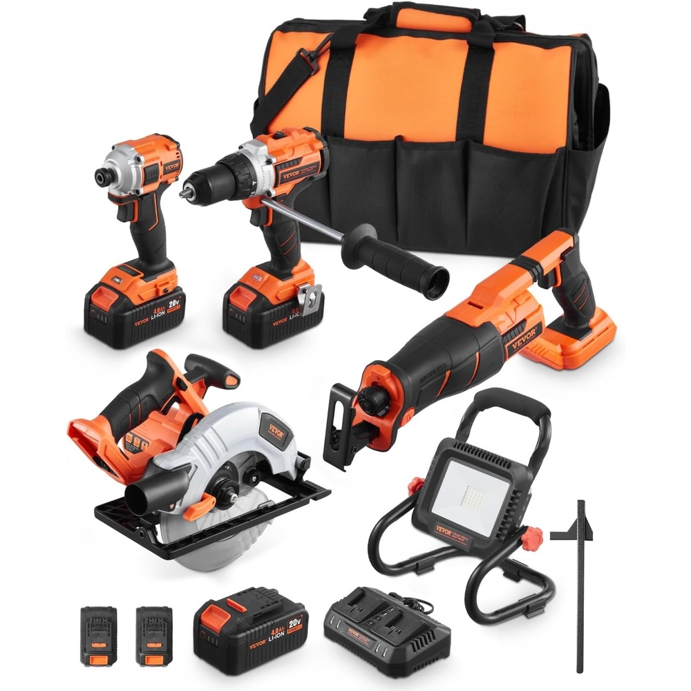 image:imageVEVOR Tool Combo Kit 20V Brushless 5Tool Combo Kit Cordless Power Cordless Drill and Impact Driver with 40 Ah Batteries Charger Reciprocating Saw Circular Saw and Work Light5pcs Brushless 20V