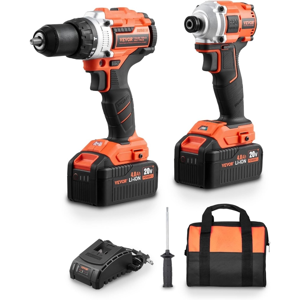 image:imageVEVOR Tool Combo Kit 20V Max Cordless 2Tool Combo Kit with 12 in Impact Drill 14 in Impact Driver Compact Cordless Power with 40 Ah Batteries Screws Charger and Cloth Bag
