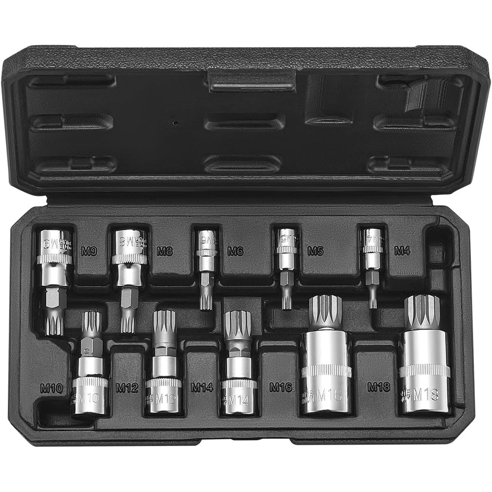 image:imageVEVOR XZN Triple Square Spline Bit Socket Set 10Piece M4  M18 Premium CrV Steel 14 in 38 in and 12 in Drives with Enhanced Storage Case Triple Square Socket Set for Hand Use Automotive10 PCS XZN