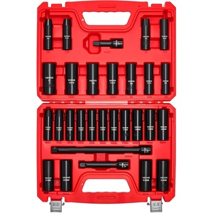 VEVOR 1/2″ Drive Impact Socket Set, 29-Piece Deep Sockets Standard SAE (3/8 to 1 inch) and Metric (10 to 24 mm) Size, 6 Point, CR-V Steel, Extension Bars (3″, 5″, 10″)(1/2″ 29 PCS)