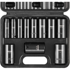 VEVOR 1/2″ Drive Impact Socket Set, 29-Piece Deep Sockets Standard SAE (3/8 to 1 inch) and Metric (10 to 24 mm) Size, 6 Point, CR-V Steel, Extension Bars (3″, 5″, 10″)(3/8″ 11PCS)