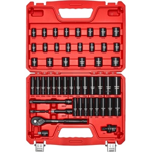 VEVOR 1/2″ Drive Impact Socket Set, 29-Piece Deep Sockets Standard SAE (3/8 to 1 inch) and Metric (10 to 24 mm) Size, 6 Point, CR-V Steel, Extension Bars (3″, 5″, 10″)(3/8″ 50 PCS)