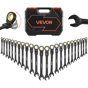 VEVOR 24-piece Ratcheting Wrench Set with 180° Flex Head, Anti-Slip Tooth, Combination Wrench Sets with Organizer Box, Metric 8-19mm & SAE 1/4-3/4″, Polished(Black 24pcs)