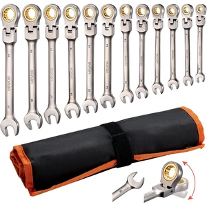 VEVOR 24-piece Ratcheting Wrench Set with 180° Flex Head, Anti-Slip Tooth, Combination Wrench Sets with Organizer Box, Metric 8-19mm & SAE 1/4-3/4″, Polished(Nickel Plating 12pcs)