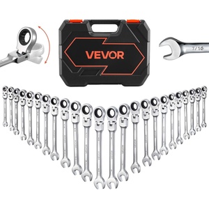 VEVOR 24-piece Ratcheting Wrench Set with 180° Flex Head, Anti-Slip Tooth, Combination Wrench Sets with Organizer Box, Metric 8-19mm & SAE 1/4-3/4″, Polished(Silver 24pcs)
