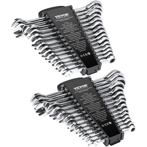 VEVOR 24-piece Ratcheting Wrench Set with 180° Flex Head, Anti-Slip Tooth, Combination Wrench Sets with Organizer Box, Metric 8-19mm & SAE 1/4-3/4″, Polished(Silver 30pcs)