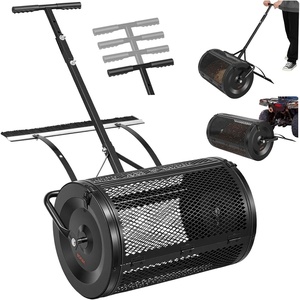 VEVOR Compost Spreader, 36″ Wide Peat Moss Spreader with Push/Tow Handle, 4 Heights Adjustable, Powder-Coated Steel Garden Peat Moss Roller, Heavy Duty Grass Seed Roller for Planting Seeding, Black(24in with brush)