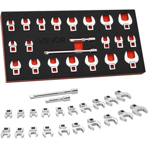 VEVOR Crowfoot Wrench Set, 3/8″ Drive, 22-Piece Metric and SAE Size Crows Foot Wrenches, CR-MO Alloy Steel, with Storage Tray, Dual Size Markings on Tools and Tray, for Auto Maintenance or Repairs