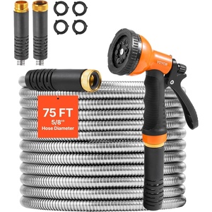 VEVOR Metal Garden Hose 200 ft, Heavy Duty Stainless Steel Water Hose with 10-Function Nozzle, No-Kink & Flexible Outdoor Garden Hose, Rust-Proof Lightweight Hose for Yard, RV, Car Wash(75 ft with 10 Function Spray Nozzle)