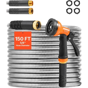 VEVOR Metal Garden Hose 200 ft, Heavy Duty Stainless Steel Water Hose with 10-Function Nozzle, No-Kink & Flexible Outdoor Garden Hose, Rust-Proof Lightweight Hose for Yard, RV, Car Wash(150 ft with 10 Function Spray Nozzle)