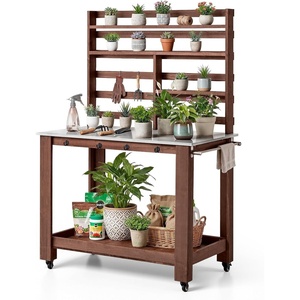 VEVOR Potting Bench Table, Outdoor Gardening Wooden Workstation with Storage Cabinet, Storage Shelves, 43 x 18 in Wood Tabletop, Garden Planting Work Station for Patio, Backyard, Balcony, Gray(Dark Brown 5-layer)