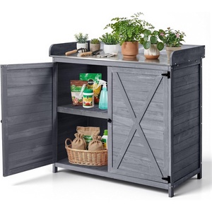 VEVOR Potting Bench Table, Outdoor Gardening Wooden Workstation with Storage Cabinet, Storage Shelves, 43 x 18 in Wood Tabletop, Garden Planting Work Station for Patio, Backyard, Balcony, Gray(Gray 3-layer)
