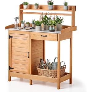 VEVOR Potting Bench Table, Outdoor Gardening Wooden Workstation with Storage Cabinet, Storage Shelves, 43 x 18 in Wood Tabletop, Garden Planting Work Station for Patio, Backyard, Balcony, Gray(Natural Wood Color 3-layer)