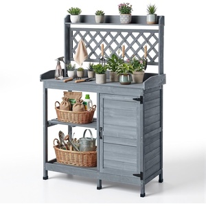 VEVOR Potting Bench Table, Outdoor Gardening Wooden Workstation with Storage Cabinet, Storage Shelves, 43 x 18 in Wood Tabletop, Garden Planting Work Station for Patio, Backyard, Balcony, Gray(Gray 4-layer)