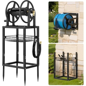 VEVOR Wall Mounted Garden Hose Reel, Holds 125 ft 5/8-inch Hose, Heavy-Duty Water Hose Winder, Space-Saving Design, Outdoor Manual Reel with Brass Fitting and Storage Basket for Yard Lawn(Black)