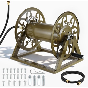 VEVOR Wall Mounted Garden Hose Reel, Holds 125 ft 5/8-inch Hose, Heavy-Duty Water Hose Winder, Space-Saving Design, Outdoor Manual Reel with Brass Fitting and Storage Basket for Yard Lawn(Bronze)