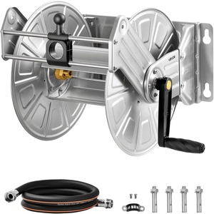 VEVOR Wall Mounted Garden Hose Reel, Holds 125 ft 5/8-inch Hose, Heavy-Duty Water Hose Winder, Space-Saving Design, Outdoor Manual Reel with Brass Fitting and Storage Basket for Yard Lawn(Silver)