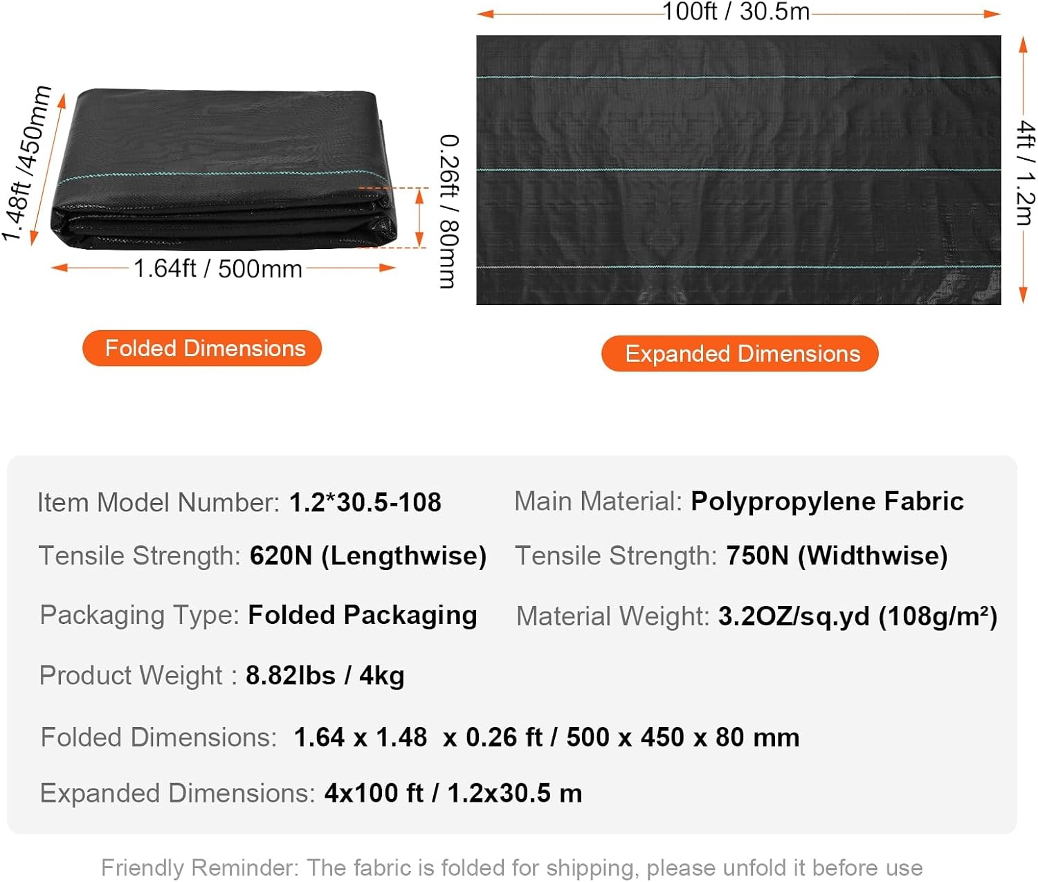 image:imageVEVOR 3x100FT 32oz Weed Barrier Fabric Heavy Duty Landscape Fabric Weed Blocker Fabric Garden Weed Mat Lawn Fabric Weed Control Fabric Driveway Fabric Ground Cover Woven Landscape Cloth Black4FT100FT32OZ