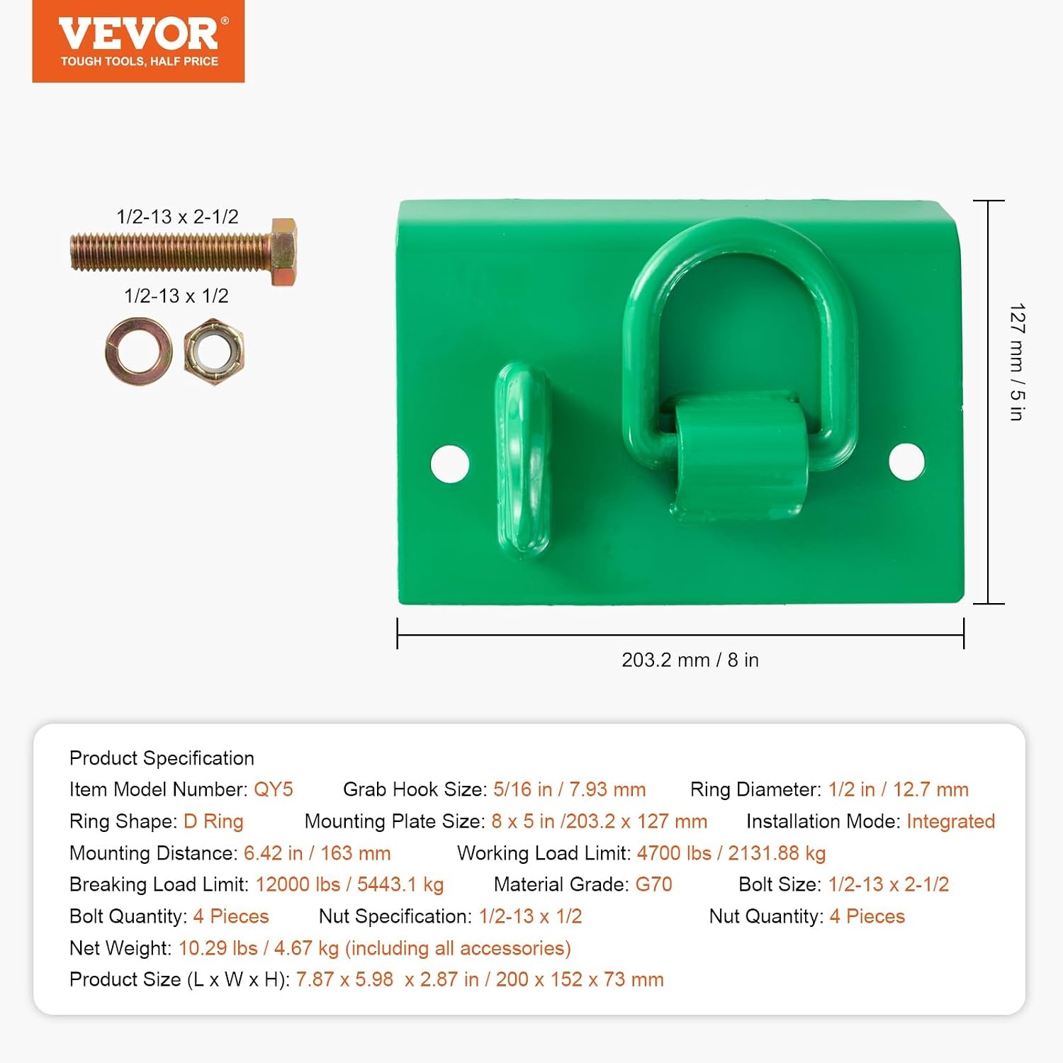 image:imageVEVOR 516 Tractor Bucket Hook with Tie Down Ring Grade 70 Forged Steel 2 Pack BoltOn Grab Hook with Back Plate Compatible for Tractor Bucket RV UTV Truck Maximum Break Strength 12000 lbs Green2PCS Integrated