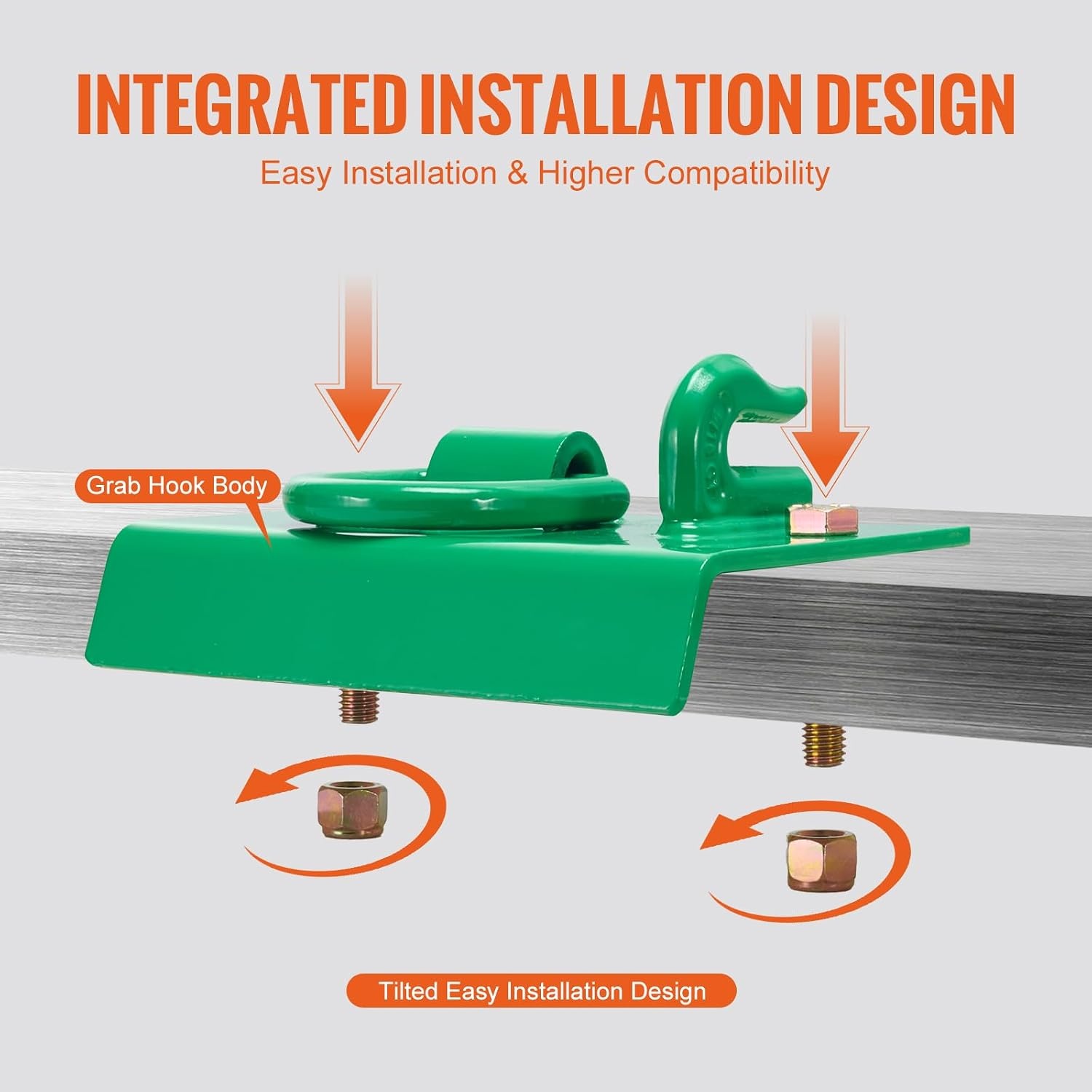 image:imageVEVOR 516 Tractor Bucket Hook with Tie Down Ring Grade 70 Forged Steel 2 Pack BoltOn Grab Hook with Back Plate Compatible for Tractor Bucket RV UTV Truck Maximum Break Strength 12000 lbs Green2PCS Integrated