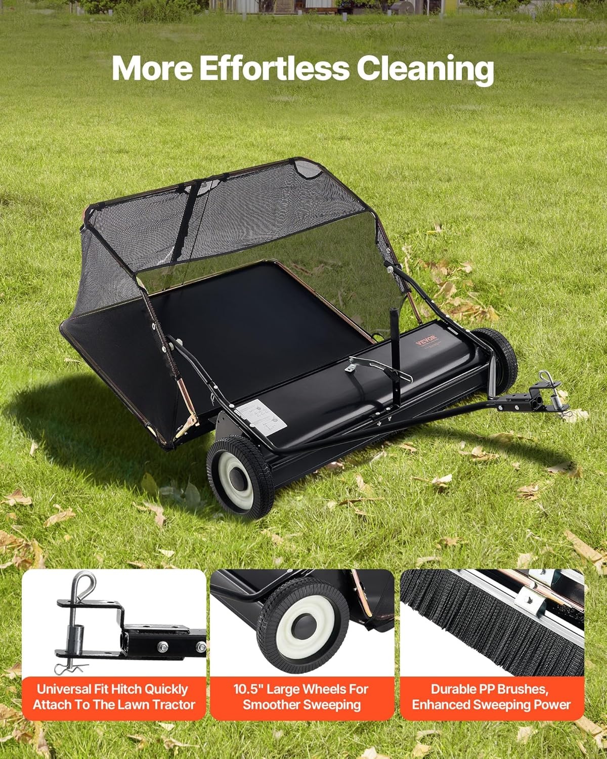 image:imageVEVOR 52 in Tow Behind Lawn Sweeper 26 cuft Large Yard Sweeper Adjustable Sweeping Height Heavy Duty Leaf amp Grass Collector with Dumping Rope Pull Behind Sweepers for Debris Grass Clippings52 Inch