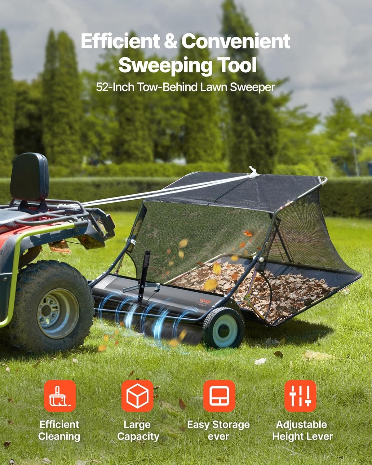 image:imageVEVOR 52 in Tow Behind Lawn Sweeper 26 cuft Large Yard Sweeper Adjustable Sweeping Height Heavy Duty Leaf amp Grass Collector with Dumping Rope Pull Behind Sweepers for Debris Grass Clippings52 Inch
