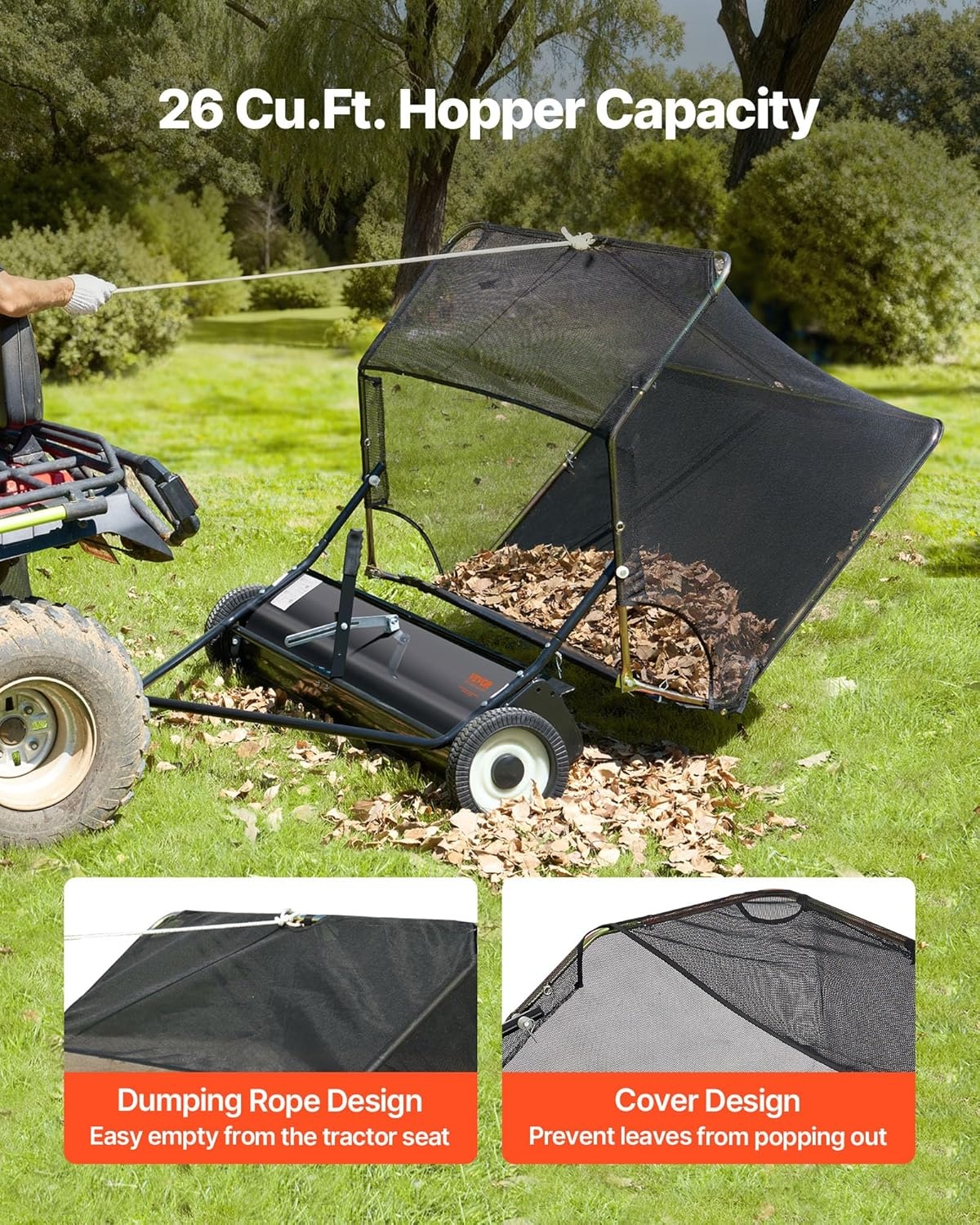 image:imageVEVOR 52 in Tow Behind Lawn Sweeper 26 cuft Large Yard Sweeper Adjustable Sweeping Height Heavy Duty Leaf amp Grass Collector with Dumping Rope Pull Behind Sweepers for Debris Grass Clippings52 Inch
