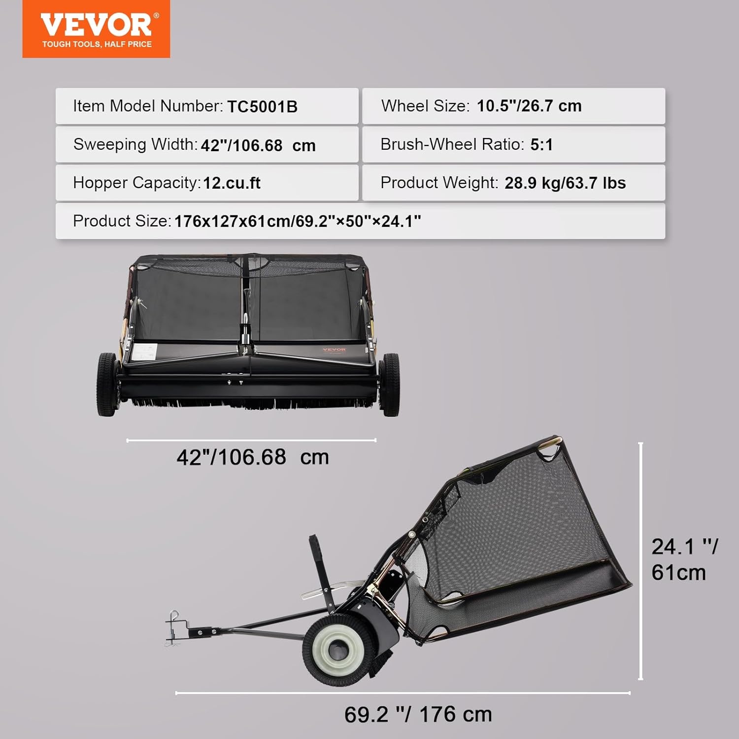 image:imageVEVOR 52 in Tow Behind Lawn Sweeper 26 cuft Large Yard Sweeper Adjustable Sweeping Height Heavy Duty Leaf amp Grass Collector with Dumping Rope Pull Behind Sweepers for Debris Grass Clippings42 Inch