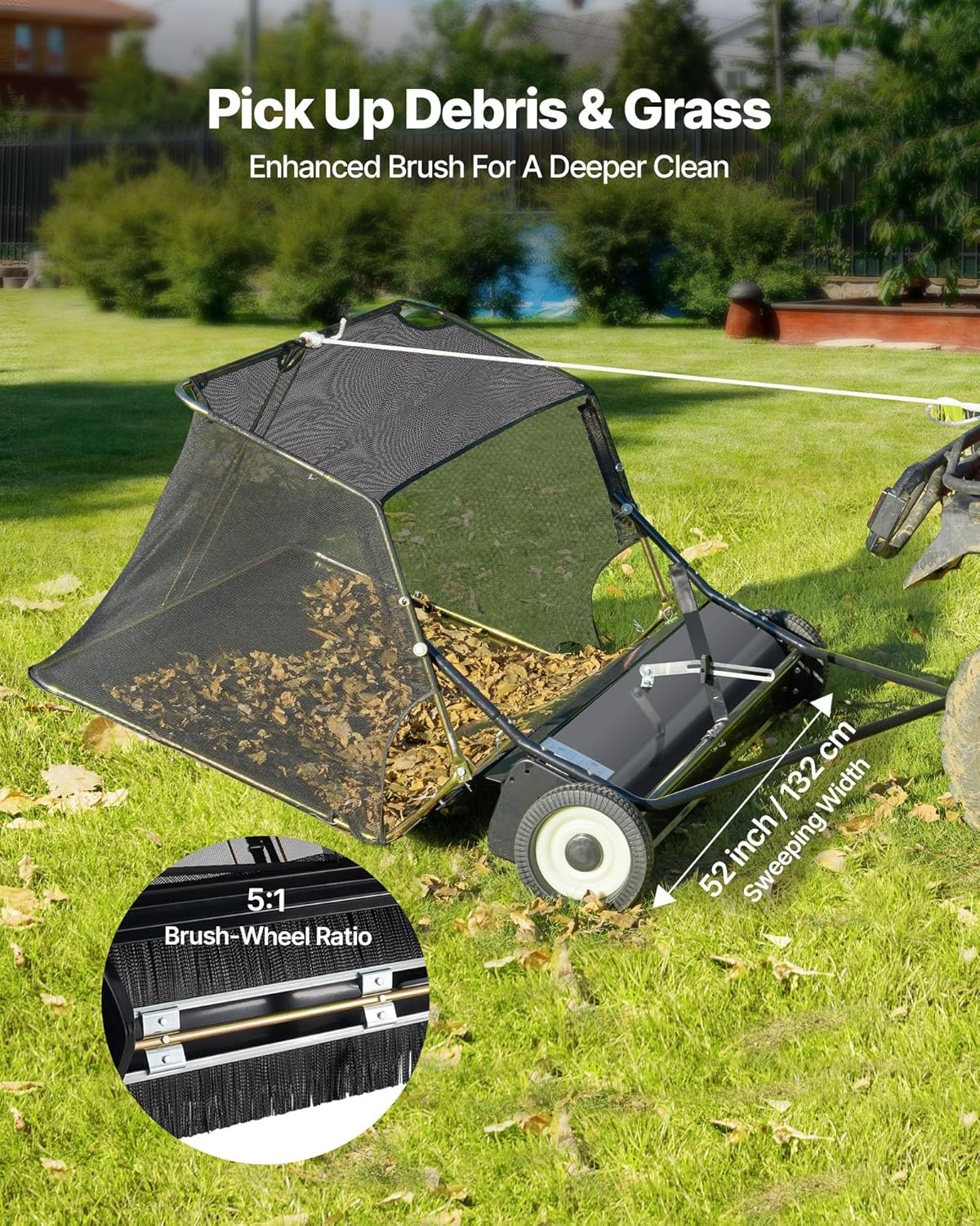 image:imageVEVOR 52 in Tow Behind Lawn Sweeper 26 cuft Large Yard Sweeper Adjustable Sweeping Height Heavy Duty Leaf amp Grass Collector with Dumping Rope Pull Behind Sweepers for Debris Grass Clippings52 Inch