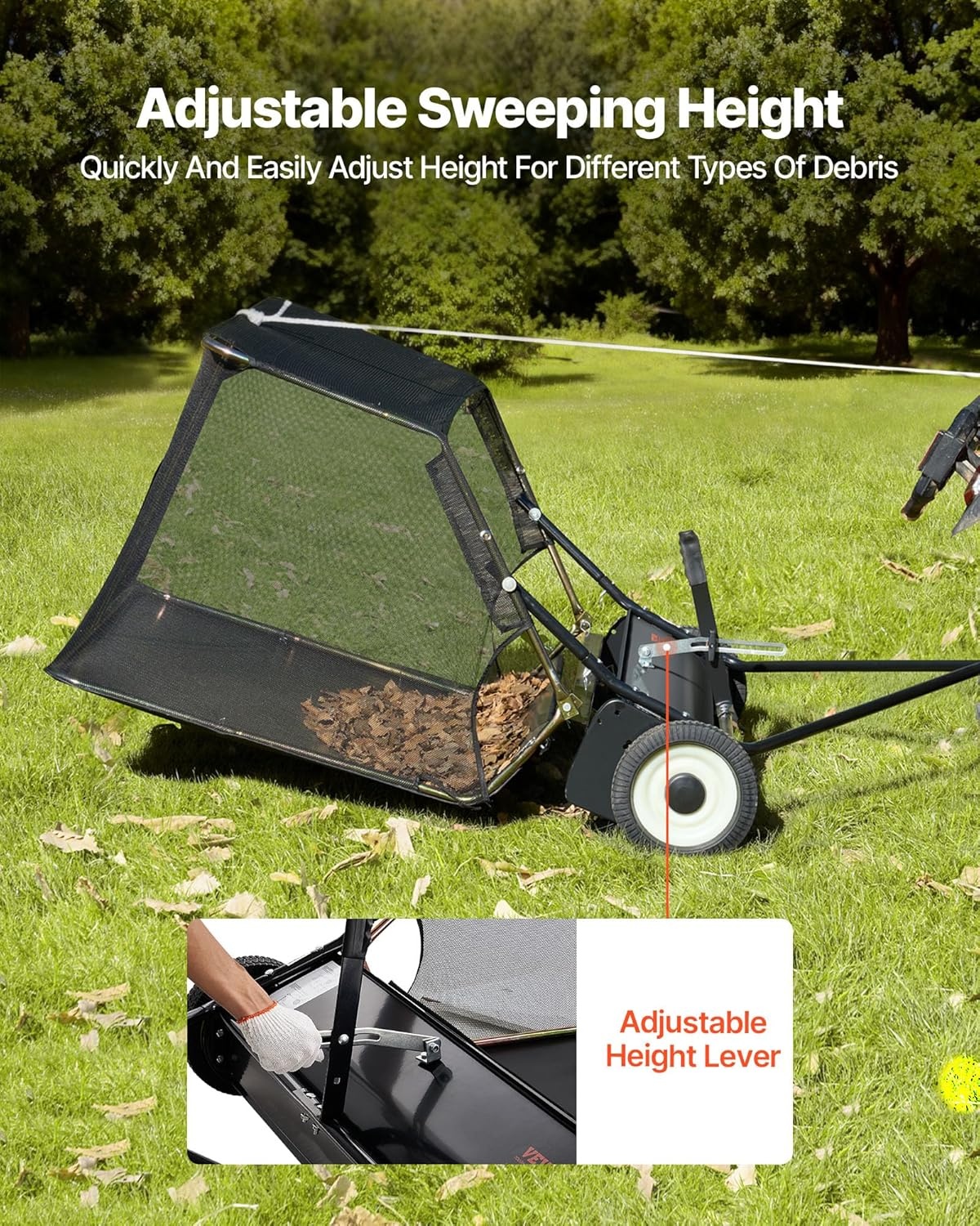 image:imageVEVOR 52 in Tow Behind Lawn Sweeper 26 cuft Large Yard Sweeper Adjustable Sweeping Height Heavy Duty Leaf amp Grass Collector with Dumping Rope Pull Behind Sweepers for Debris Grass Clippings52 Inch