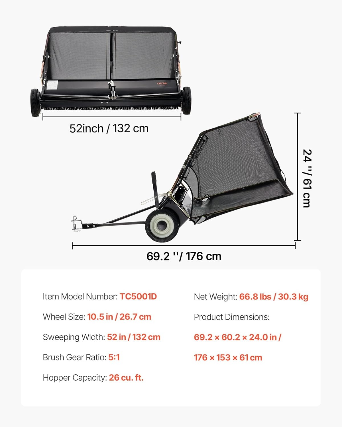 image:imageVEVOR 52 in Tow Behind Lawn Sweeper 26 cuft Large Yard Sweeper Adjustable Sweeping Height Heavy Duty Leaf amp Grass Collector with Dumping Rope Pull Behind Sweepers for Debris Grass Clippings52 Inch
