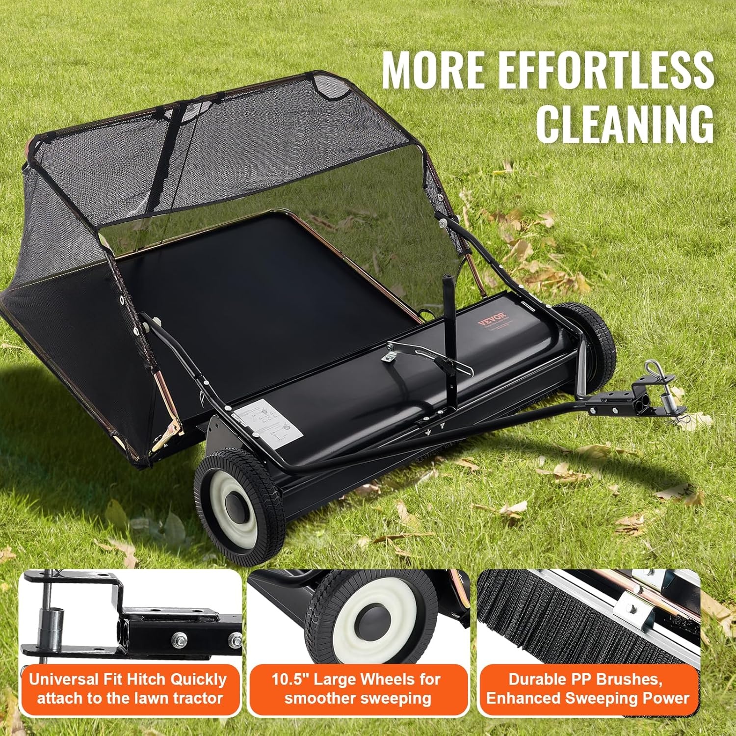 image:imageVEVOR 52 in Tow Behind Lawn Sweeper 26 cuft Large Yard Sweeper Adjustable Sweeping Height Heavy Duty Leaf amp Grass Collector with Dumping Rope Pull Behind Sweepers for Debris Grass Clippings42 Inch