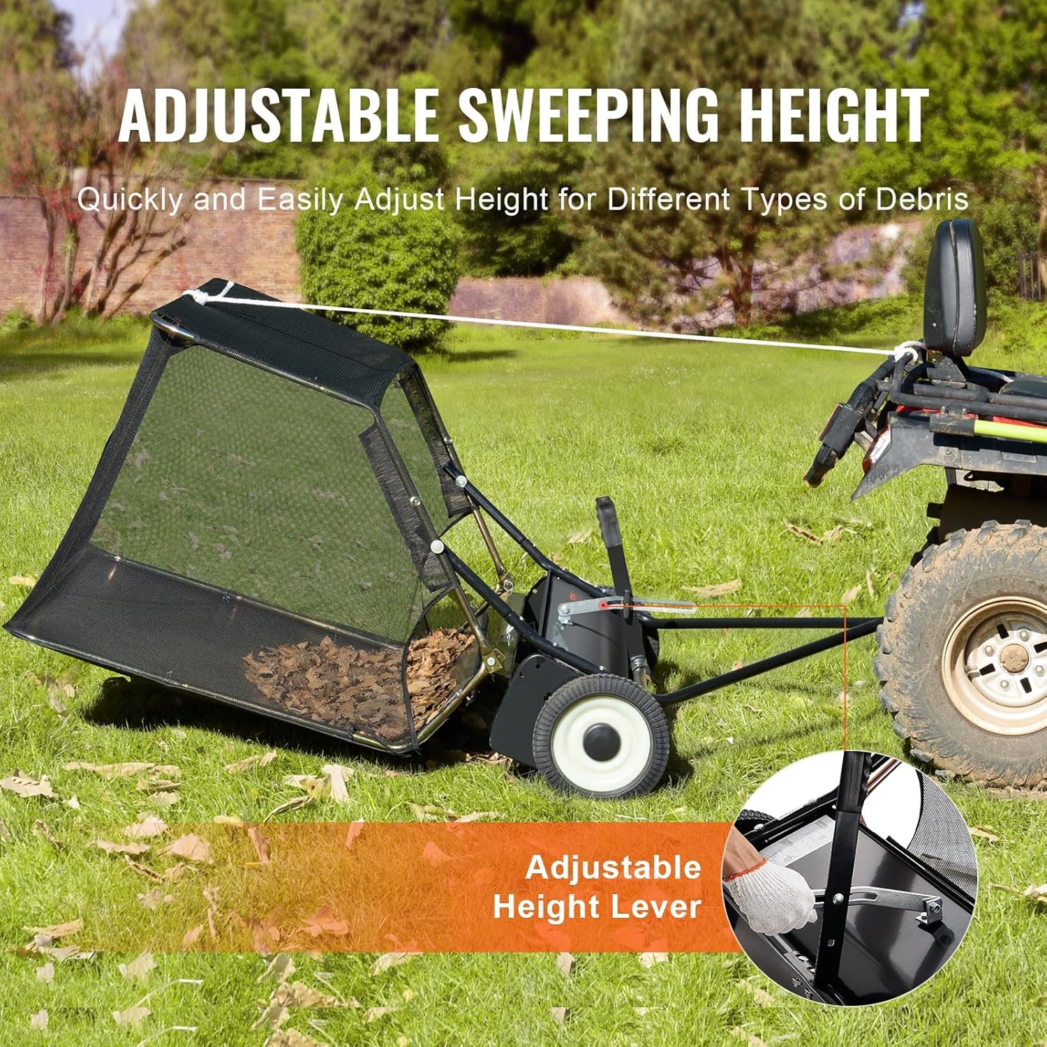 image:imageVEVOR 52 in Tow Behind Lawn Sweeper 26 cuft Large Yard Sweeper Adjustable Sweeping Height Heavy Duty Leaf amp Grass Collector with Dumping Rope Pull Behind Sweepers for Debris Grass Clippings42 Inch