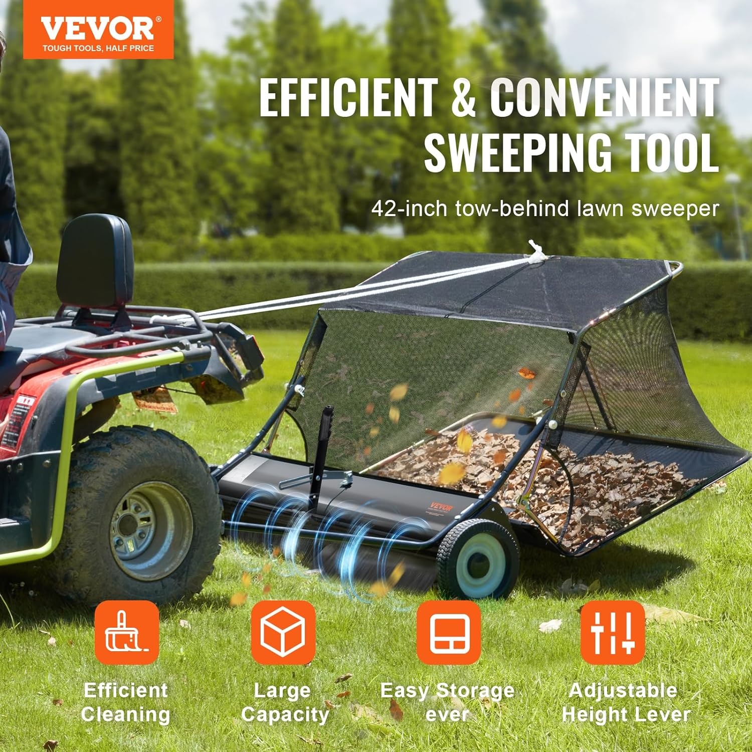 image:imageVEVOR 52 in Tow Behind Lawn Sweeper 26 cuft Large Yard Sweeper Adjustable Sweeping Height Heavy Duty Leaf amp Grass Collector with Dumping Rope Pull Behind Sweepers for Debris Grass Clippings42 Inch