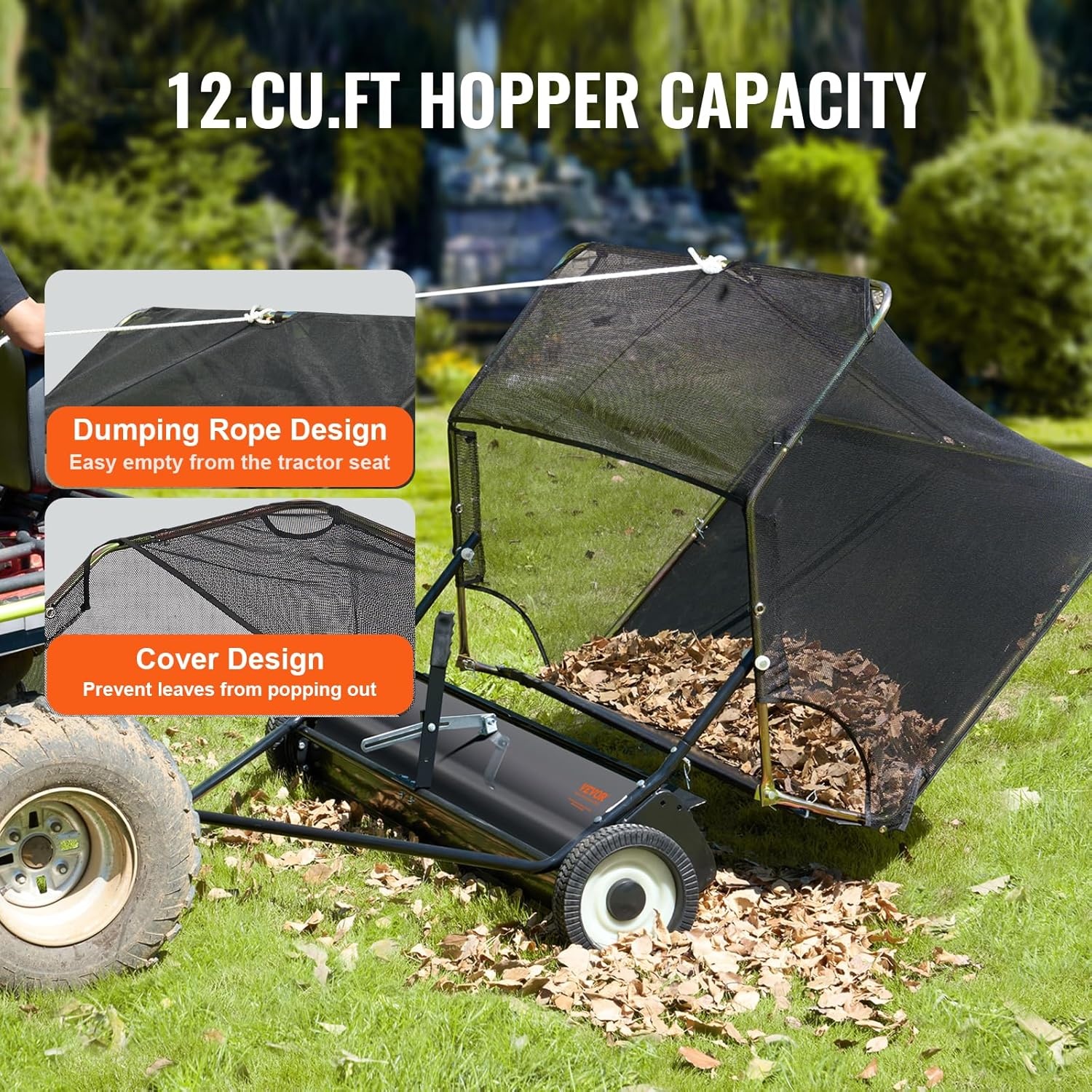 image:imageVEVOR 52 in Tow Behind Lawn Sweeper 26 cuft Large Yard Sweeper Adjustable Sweeping Height Heavy Duty Leaf amp Grass Collector with Dumping Rope Pull Behind Sweepers for Debris Grass Clippings42 Inch