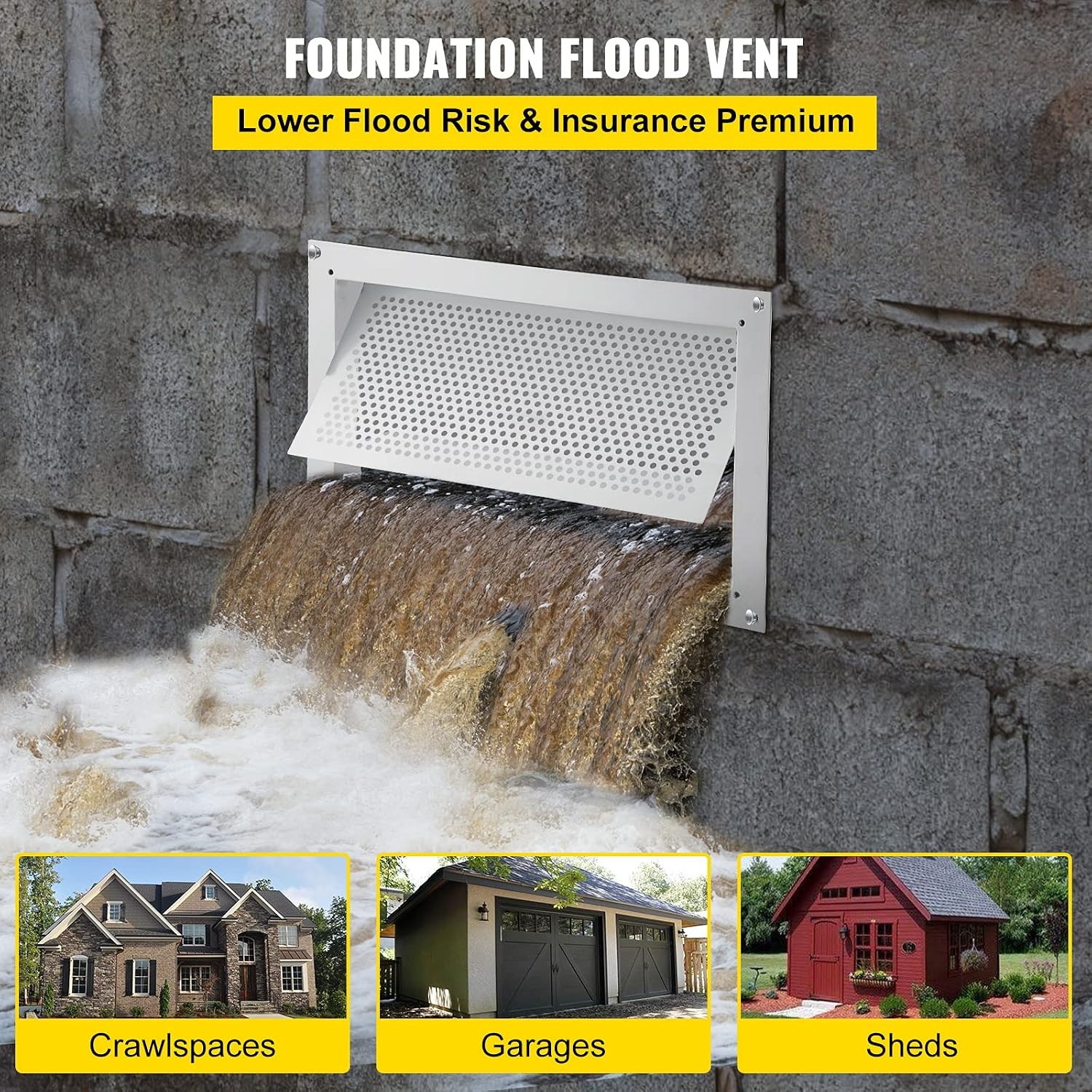 image:imageVEVOR 8x16 Inch Crawl Space Flood Vent Wall Mounted White Foundation Vent to Reduce Flood Risk amp Damage for Crawl Spaces GaragesWhite