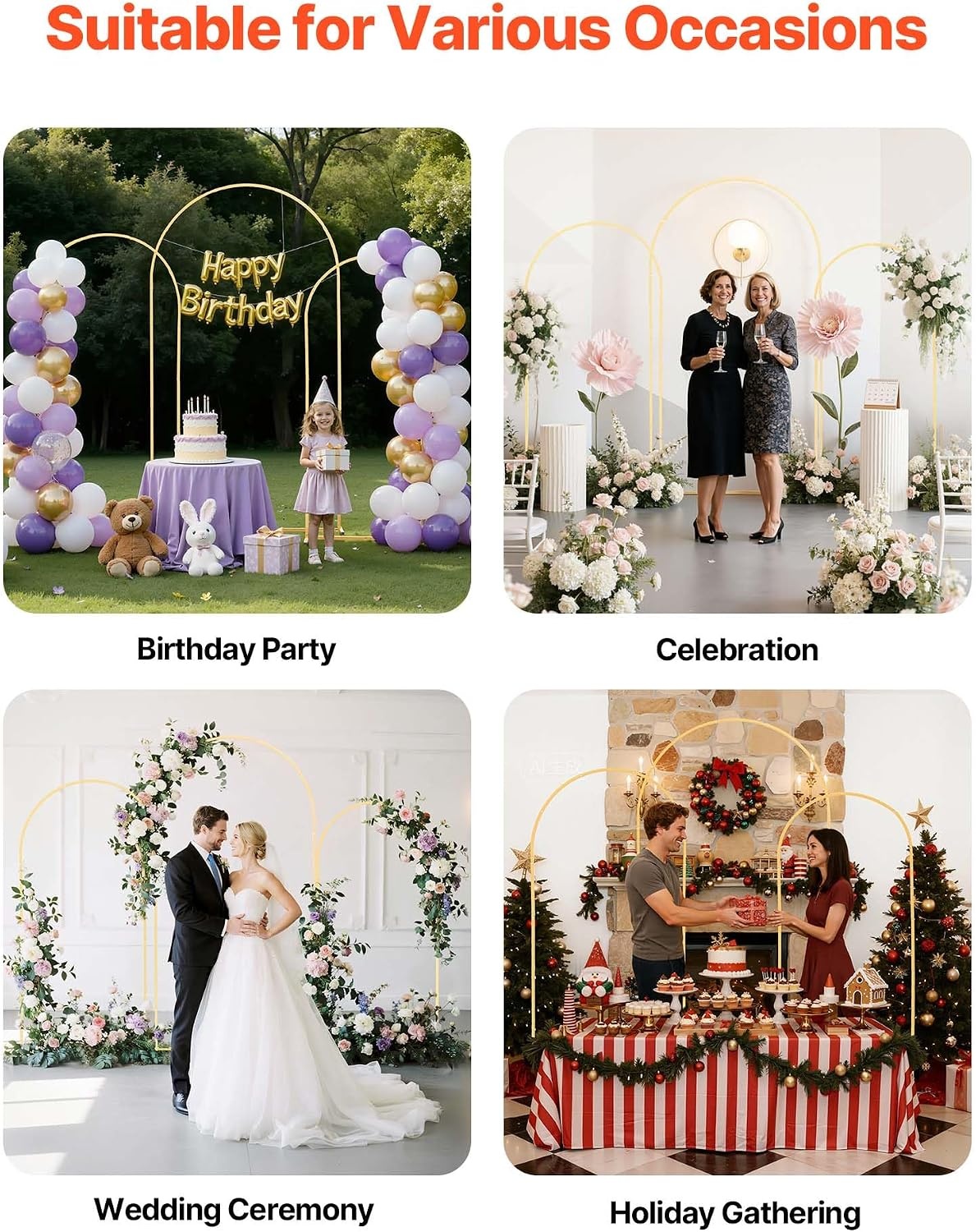 image:imageVEVOR Arch Backdrop Stand 66 x 33 ft Stable Structure Easy Assembly 1 Set Gold Metal Arch Backdrop Stand for Wedding Birthday Party Graduation Holiday Celebration and Ceremony Decoration72ft 66ft 6ft