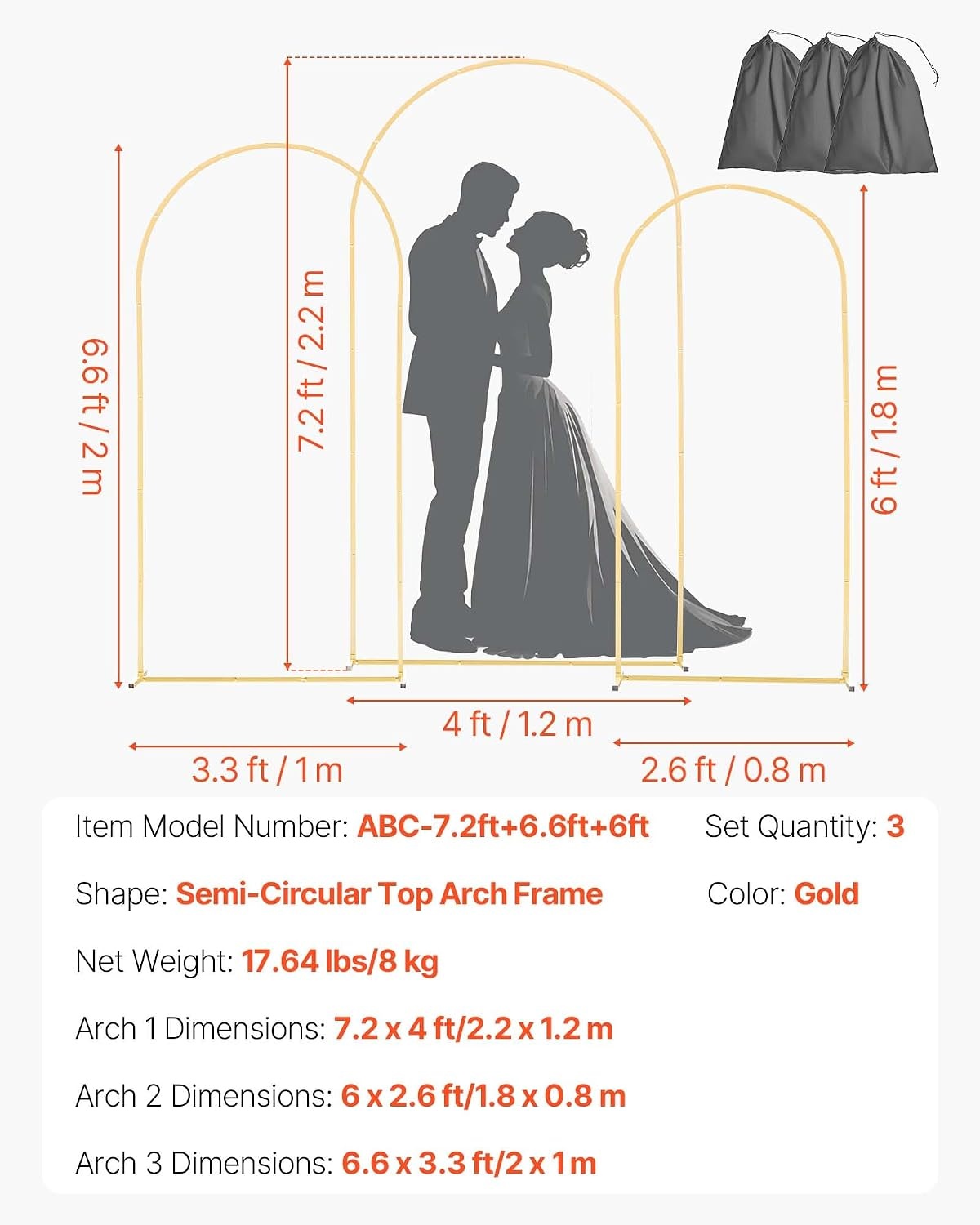 image:imageVEVOR Arch Backdrop Stand 66 x 33 ft Stable Structure Easy Assembly 1 Set Gold Metal Arch Backdrop Stand for Wedding Birthday Party Graduation Holiday Celebration and Ceremony Decoration72ft 66ft 6ft