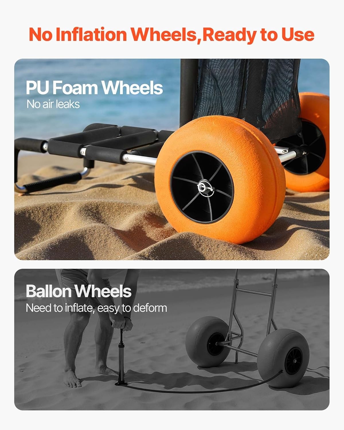 image:imageVEVOR Beach Dolly with Big Wheels for Sand 154 x 157 Cargo Deck w 10 PE Solid Wheels 69LBS Loading Capacity Folding Sand Cart Heavy Duty Cart for Picnic Camping Fishing Beach Gardening30 x 15 Cargo Deck 12 Balloon Wheels