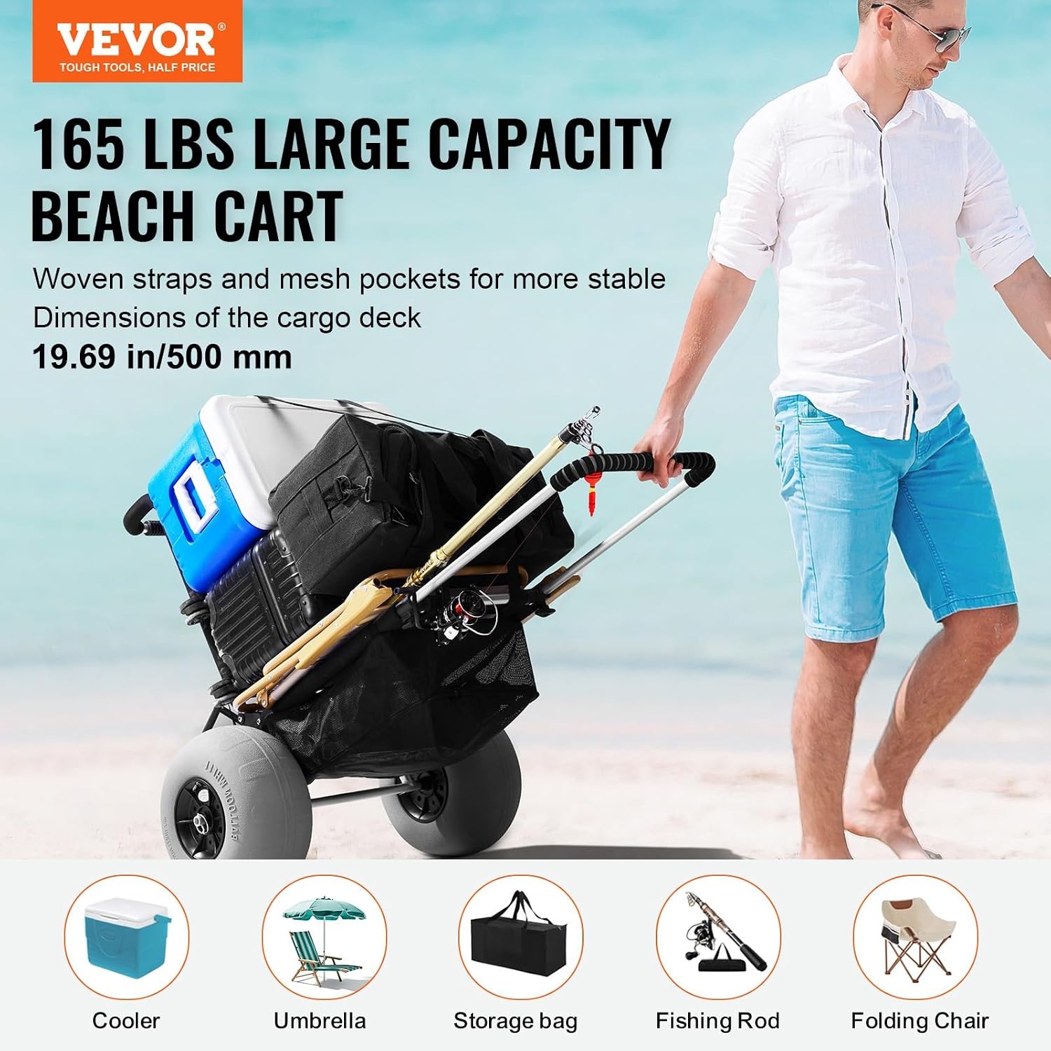 image:imageVEVOR Beach Dolly with Big Wheels for Sand 154 x 157 Cargo Deck w 10 PE Solid Wheels 69LBS Loading Capacity Folding Sand Cart Heavy Duty Cart for Picnic Camping Fishing Beach Gardening30 x 15 Cargo Deck 12 Balloon Wheels