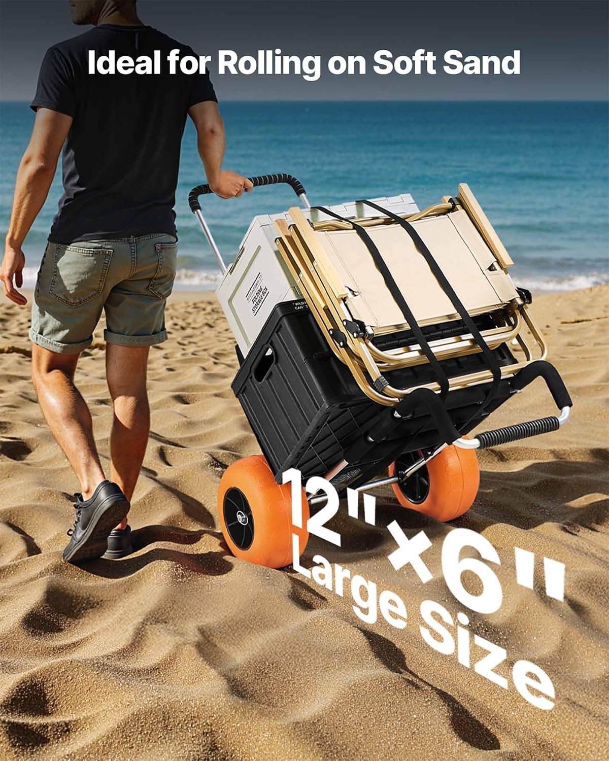 image:imageVEVOR Beach Dolly with Big Wheels for Sand 154 x 157 Cargo Deck w 10 PE Solid Wheels 69LBS Loading Capacity Folding Sand Cart Heavy Duty Cart for Picnic Camping Fishing Beach Gardening30 x 15 Cargo Deck 12 Balloon Wheels