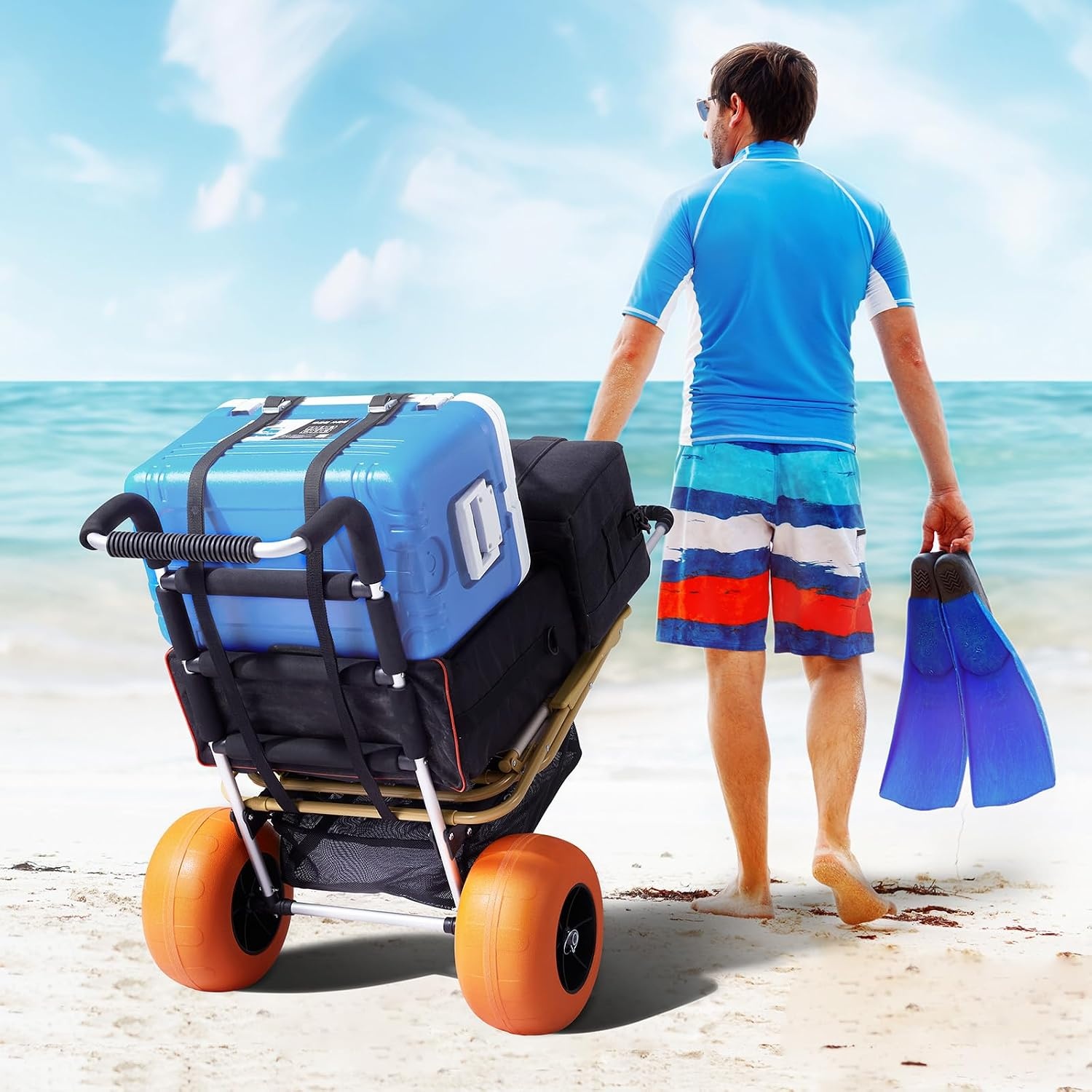 image:imageVEVOR Beach Dolly with Big Wheels for Sand 154 x 157 Cargo Deck w 10 PE Solid Wheels 69LBS Loading Capacity Folding Sand Cart Heavy Duty Cart for Picnic Camping Fishing Beach Gardening30 x 15 Cargo Deck 12 Balloon Wheels