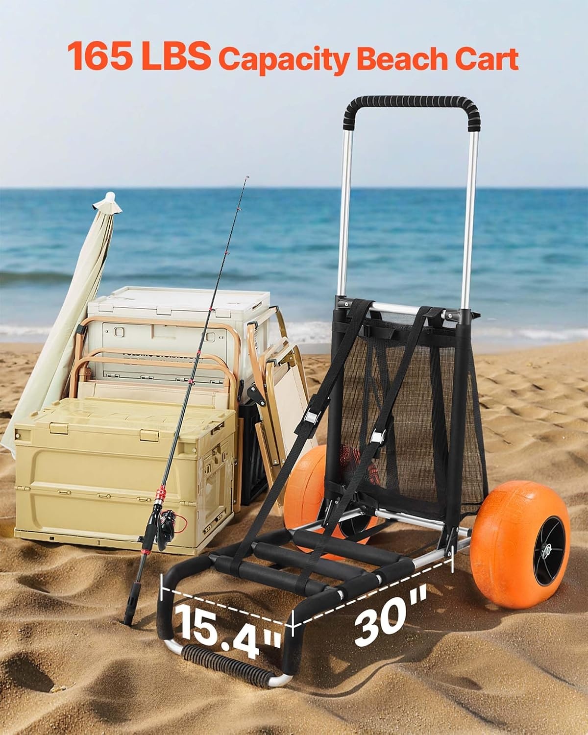 image:imageVEVOR Beach Dolly with Big Wheels for Sand 154 x 157 Cargo Deck w 10 PE Solid Wheels 69LBS Loading Capacity Folding Sand Cart Heavy Duty Cart for Picnic Camping Fishing Beach Gardening30 x 15 Cargo Deck 12 Balloon Wheels