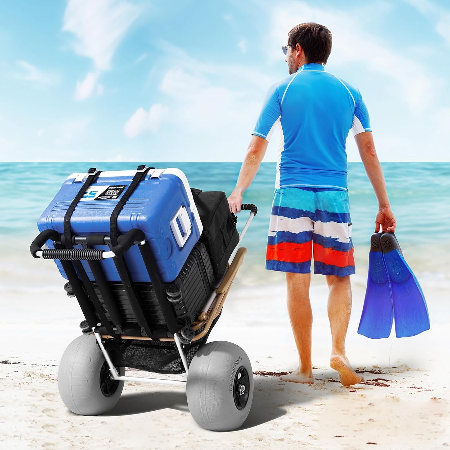 image:imageVEVOR Beach Dolly with Big Wheels for Sand 154 x 157 Cargo Deck w 10 PE Solid Wheels 69LBS Loading Capacity Folding Sand Cart Heavy Duty Cart for Picnic Camping Fishing Beach Gardening30 x 15 Cargo Deck 12 Balloon Wheels